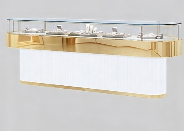 Luxury Gold Jewelry Display Case with LED Lighting Curved Glass Showcase for Ring Necklace Watch Retail Store and Shopping Mall