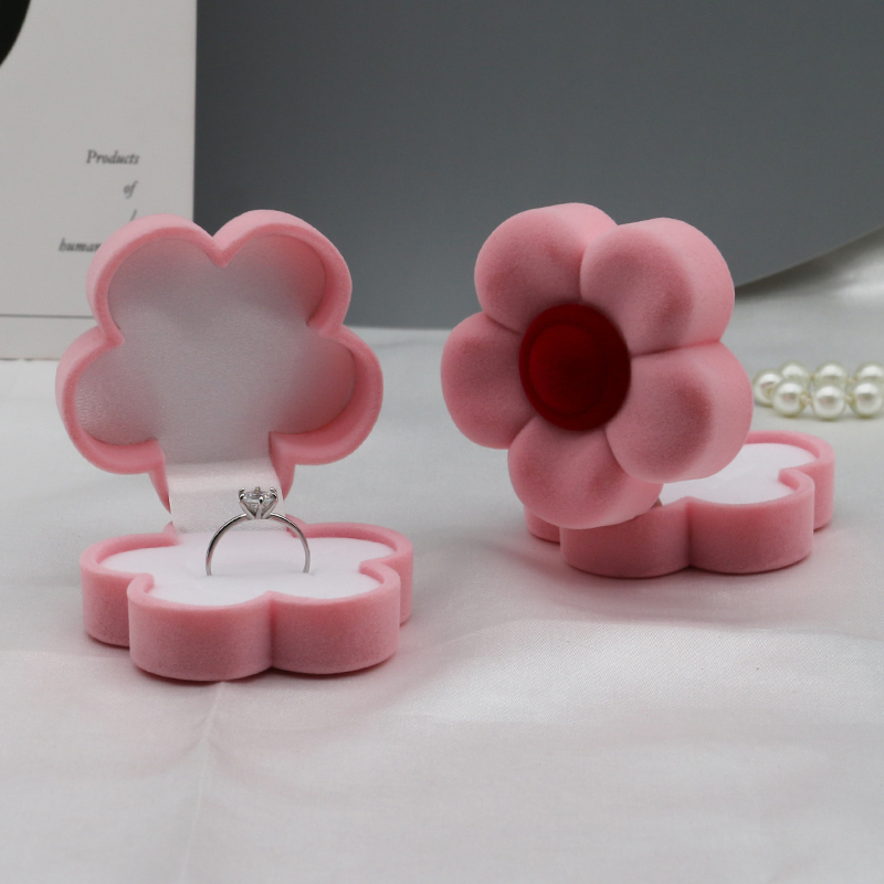 Cute Little Flower Shaped Flocked Jewelry Box Packaging Charming Design