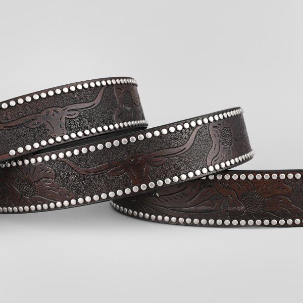 Unisex Vintage Cow Head Embossed PU Leather Belt with Buckle Fastening Western Rivet Belt