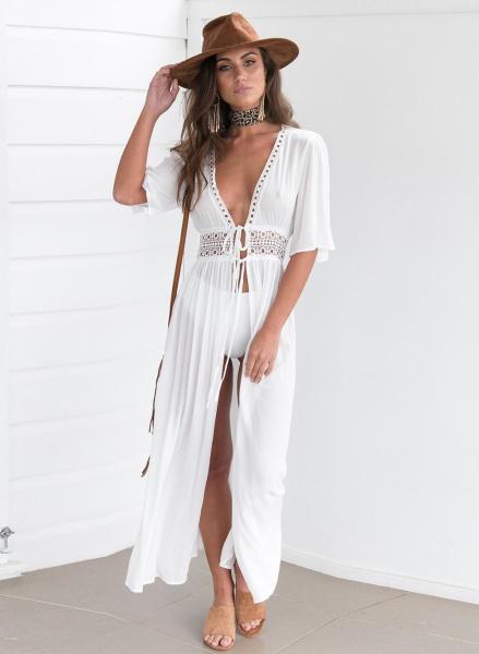 White V-Neck Bohemian Maxi Dress for Women123