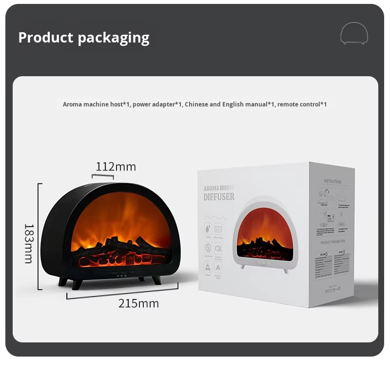New 200ml Electric Humidifier Fireplace Flame Aromatherapy Diffuser Machine with 12-Color Changing Night Light with Remote for Home Use