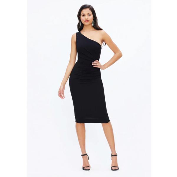Sexy One-shoulder Short Black Evening Dress Sheath Ruffles Knee-length Custom-made Size Manufacturer Sleeveless