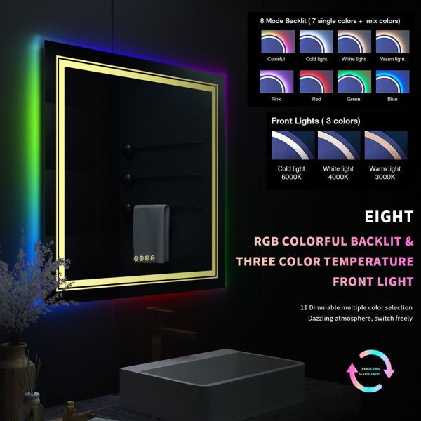 Modern Luxury Rectangular Anti-Fog LED Backlit Frameless Bathroom Mirror IP44 Rated RGB Color Changing Touch Screen Feature