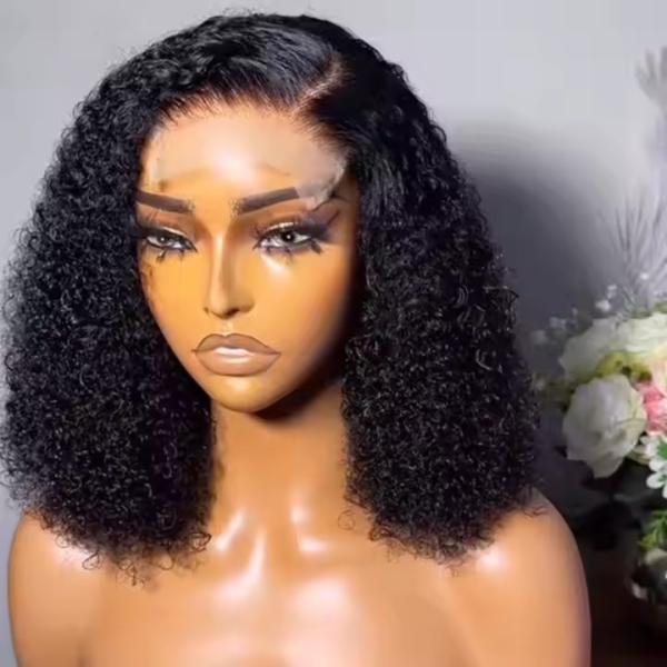 Natural Black Short Cut Bob Kinky Curly 13X4 Deep Lace Front Wig Preplucked Glueless