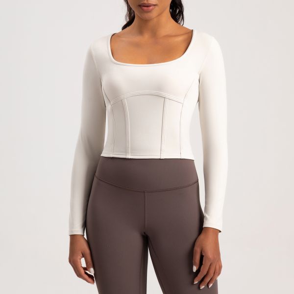 Sculpted Corset-Style Long Sleeve Crop Top in Dusty Rose - Buttery Soft Compression Fabric for Yoga, Gym & Everyday Wear