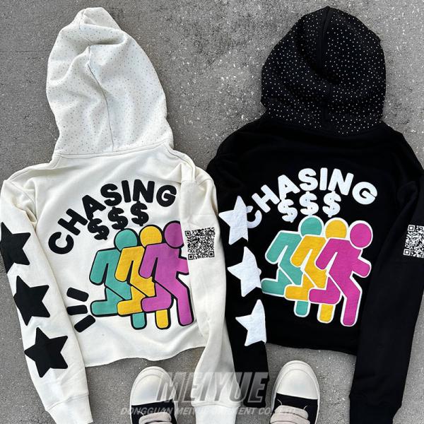 Regular Streetwear Rhinestone Hoodie Drop Sleeve Hoodie Pullover Anti Pilling