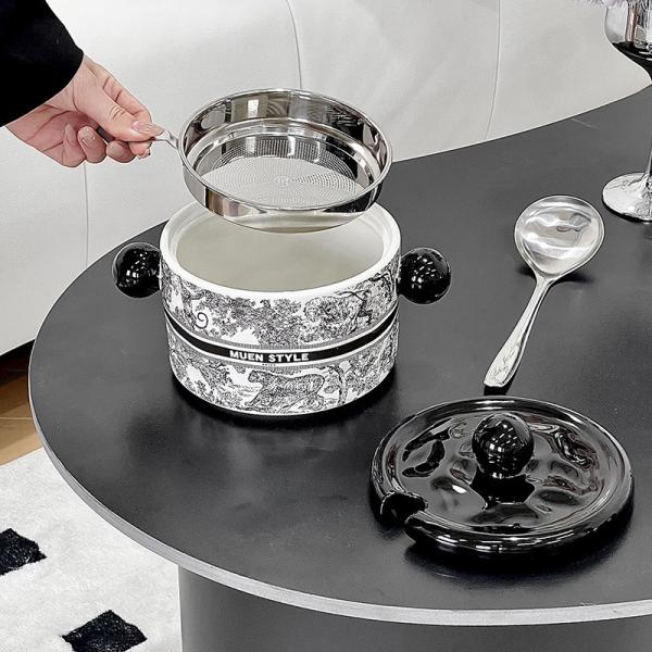 Stainless Steel Strainer Nordic Style Ceramic Bowl for 1000ml Lard-Filled Kitchenware