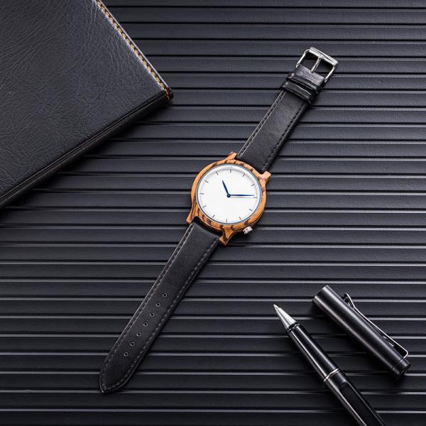 OEM Black Sandal Wood Watch Leather Band Mineral Glass SS Crown