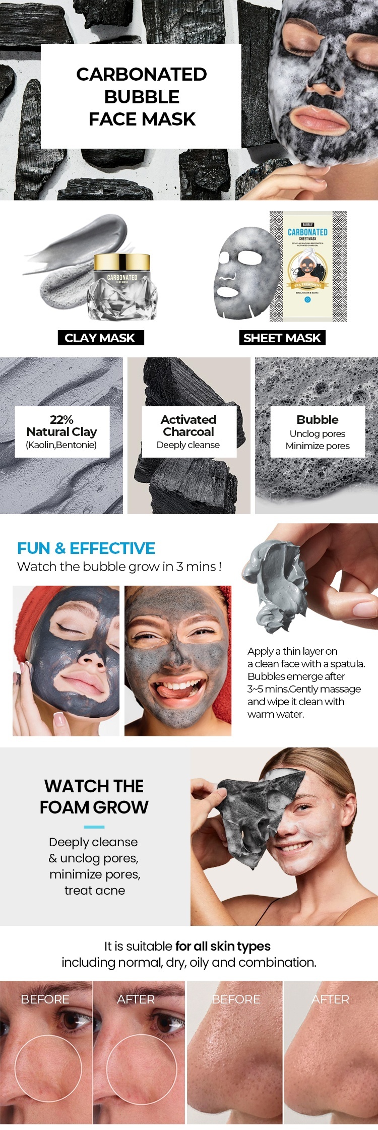 OEM ODM Natural Skin Care Set Brand Customized Blackhead Removing Deep Pore Cleaning Facial Mud facial mask Anti Acne Carbonic Acid foam Clay facial mask