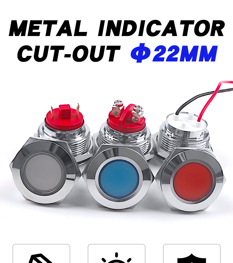 22mm LED Metal Indicator Light Waterproof Signal Lamp Red Yellow Blue Green White Compatible 3V 6V 12V 24V 110V 220V Includes