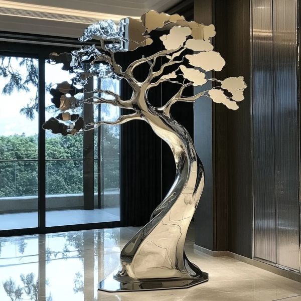 High - End Restaurant Interior Design: Custom - Made Stainless Steel Tree Sculpture