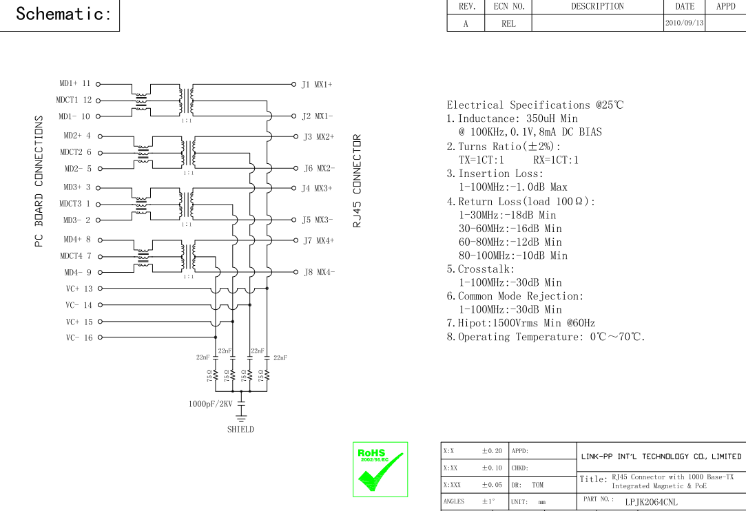 1x1 гигабит 4VG45 ET цепь Mag POE RJ45 11840425-2 нашивают вниз