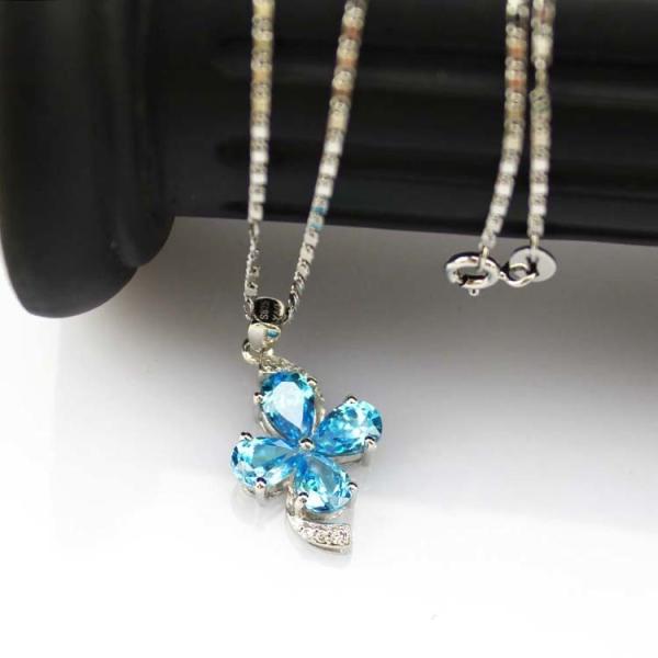 Sterling Silver  Chain Necklace with Blue Cubic Zirconia Quatrefoil Charm Pendant(P05)