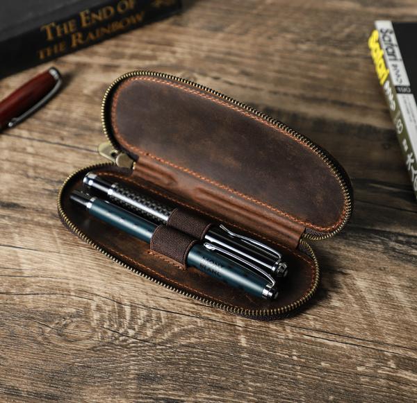 CROSS-BORDER RETRO CRAZY HORSE LEATHER PEN BAG HANDMADE 2 OVAL ZIPPER PORTABLE PEN CASES