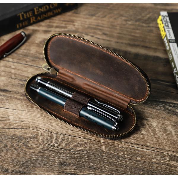 CROSS-BORDER RETRO CRAZY HORSE LEATHER PEN BAG HANDMADE 2 OVAL ZIPPER PORTABLE PEN CASES