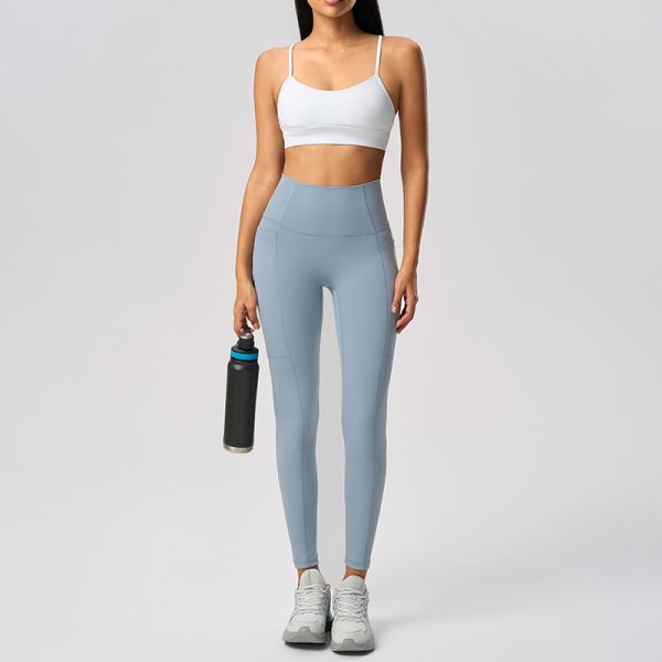 4 Way Stretch Yoga Leggings With Pockets High Waisted Light Blue Moisture Wicking