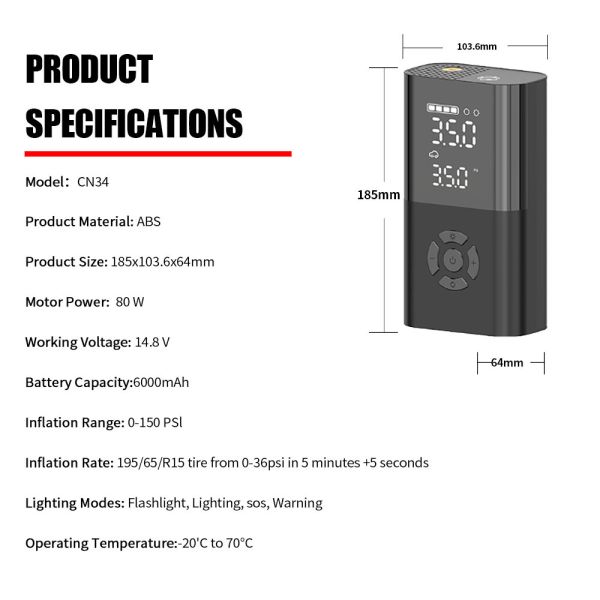 6000mAh Car Battery Jump Box Air Tire Compressor 9 In 1 Portable 150PSI Pump Jump Starter Power Pack