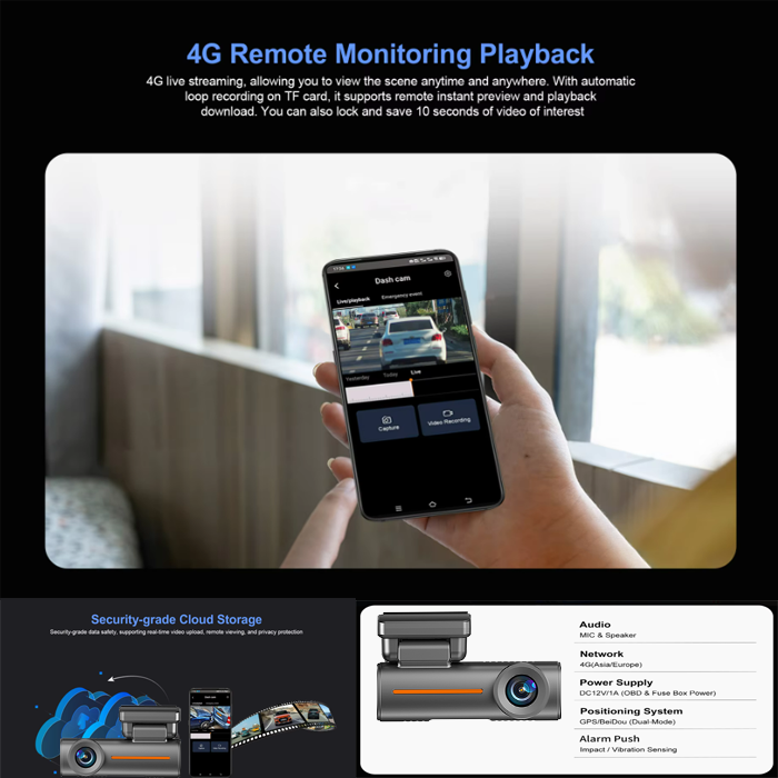 4G DashCam DVR 2K Resolution LTE SIM Card Connectivity And GPS Security Camera