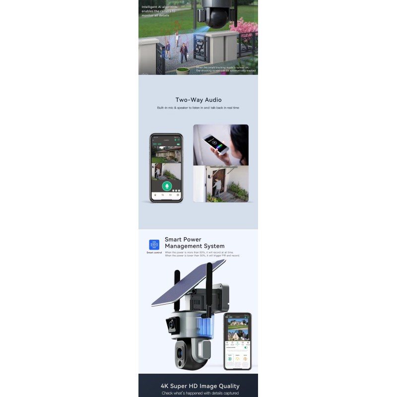 4K Dual Screen HD Solar Power Camera Wifi 10X Optical Zoom IP Camera PTZ CCTV Outdoor Camera with Night Vision