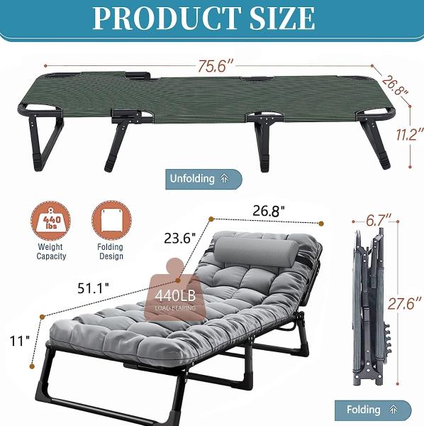 Portable Folding Camping Cot, Adjustable 4-Position Adults Reclining Chairs Mattress,Outdoor Patio Folding Lounge