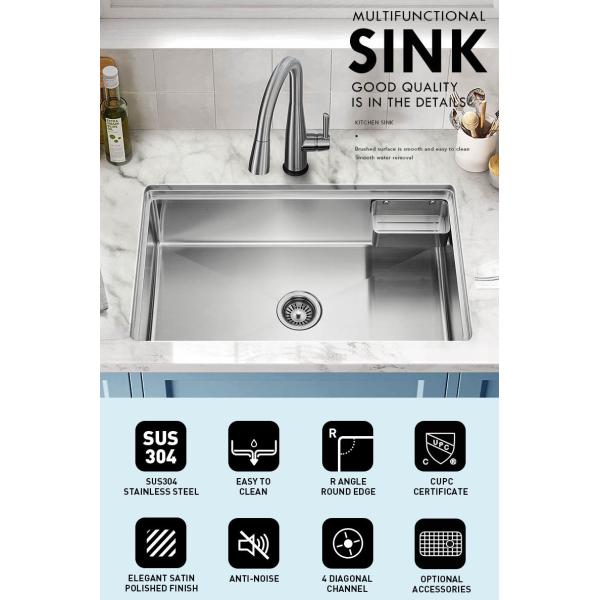 Rectangular 33 Inch Stainless Steel Kitchen Sink With Satin Polished Finish
