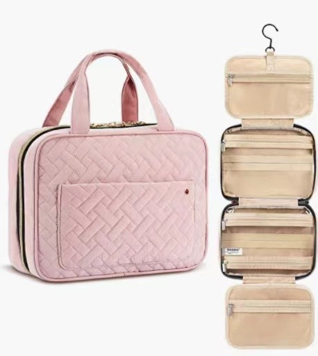 Travel Toiletry Makeup Bag Cosmetic Storage Box Pleats Cotton Peach Fur Beautiful