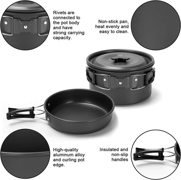 Camping Cookware Pots And Pans, Camping Cookware Mess Kit,Non-Stick Lightweight Pots Set Portable Outdoor Cookware