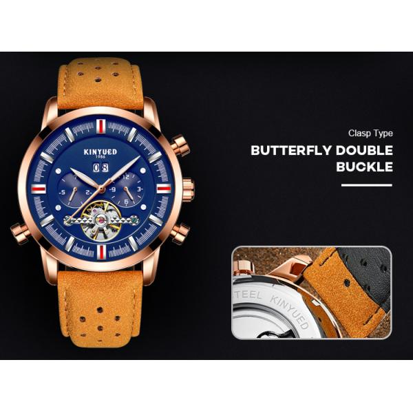 KINYUED J019-3  Private Label Gold Case Genuine Leather Auto Date Skeleton Tourbillon Automatic Mechanical Wristwatches