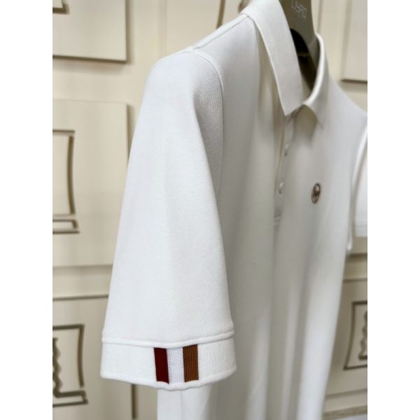 Premium Men Polo Collection | White/Grey/Green Contrast Cuff Trim Exquisite Embroidery