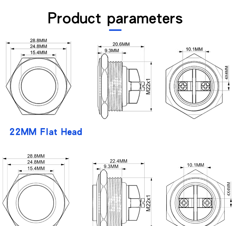 22mm Metal Push Button Switch Screw Foot Welding Foot 2 Pin High Head Flat Head Ball Head Momentary Push Button Switch