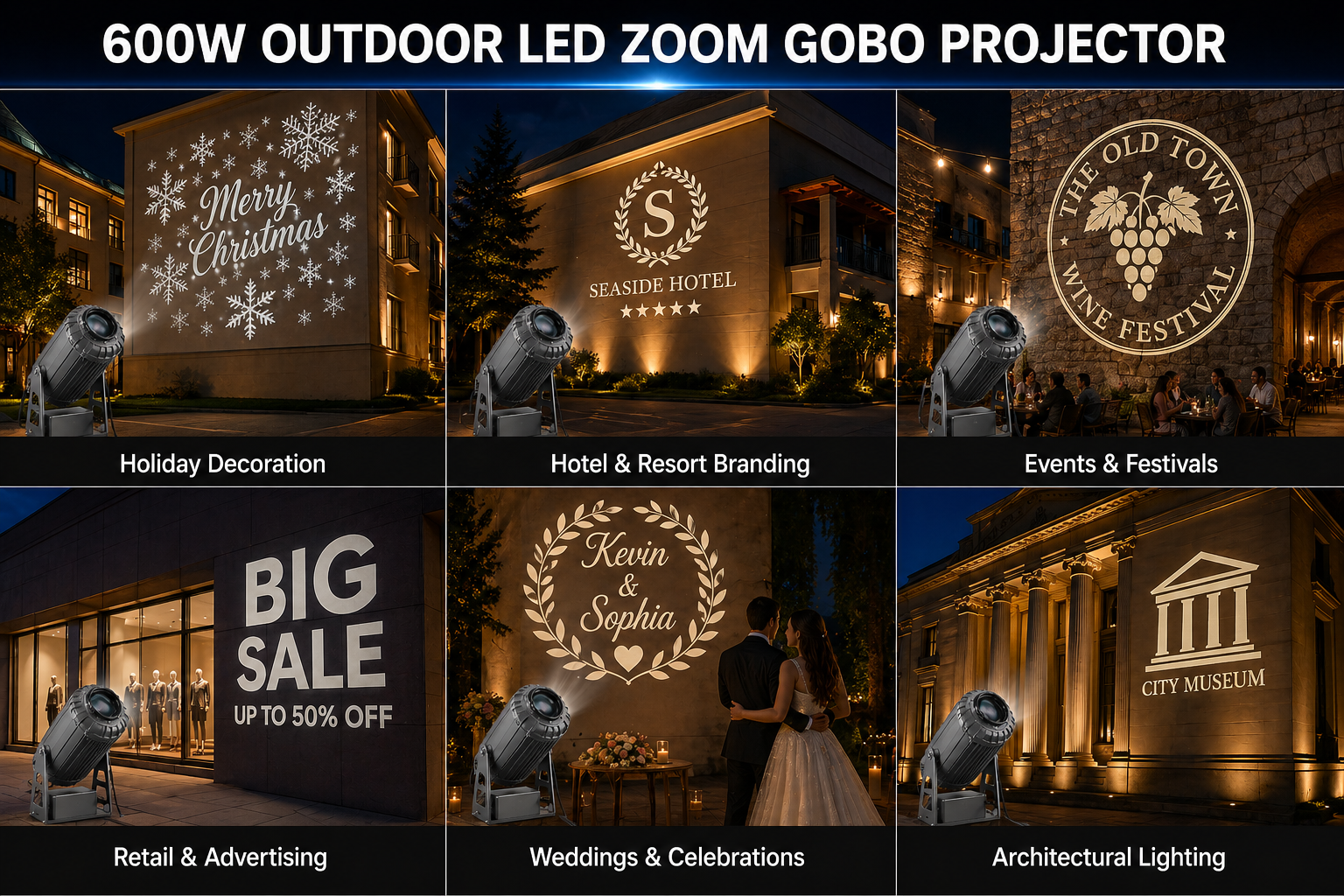 High Power 600W LED Zoom Gobo Projector Outdoor Waterproof Logo Projector Light