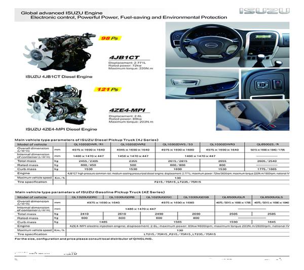QING LING ISUZU GASOLINE AND DIESEL PICKUP TRUCK WITH 4JB1CT/4ZW4-MPI MODEL
