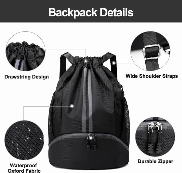 HOEDIA SPORTS DRAWSTRING BACKPACK - STRING SWIM GYM BAG WITH SHOES COMPARTMENT AND WET PROOF POCKET FOR WOMEN&MEN
