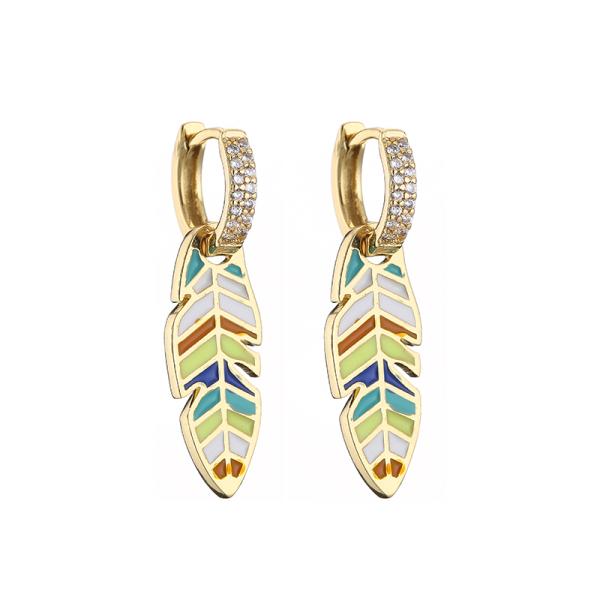 Huggie Rhinestone Hoop Earrings Dripping Oil Gold Plated Leaf Earrings ODM