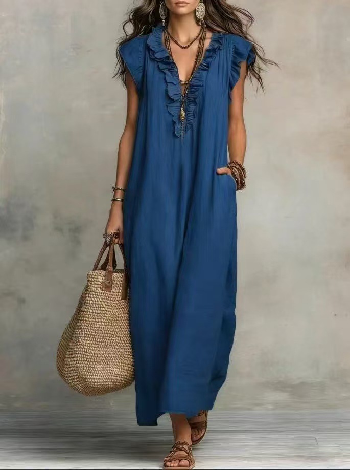 European Style Cotton Linen Dress with Breathable Fabric, Flowy Ruffle Sleeves, and Flattering V-Neck for Summer