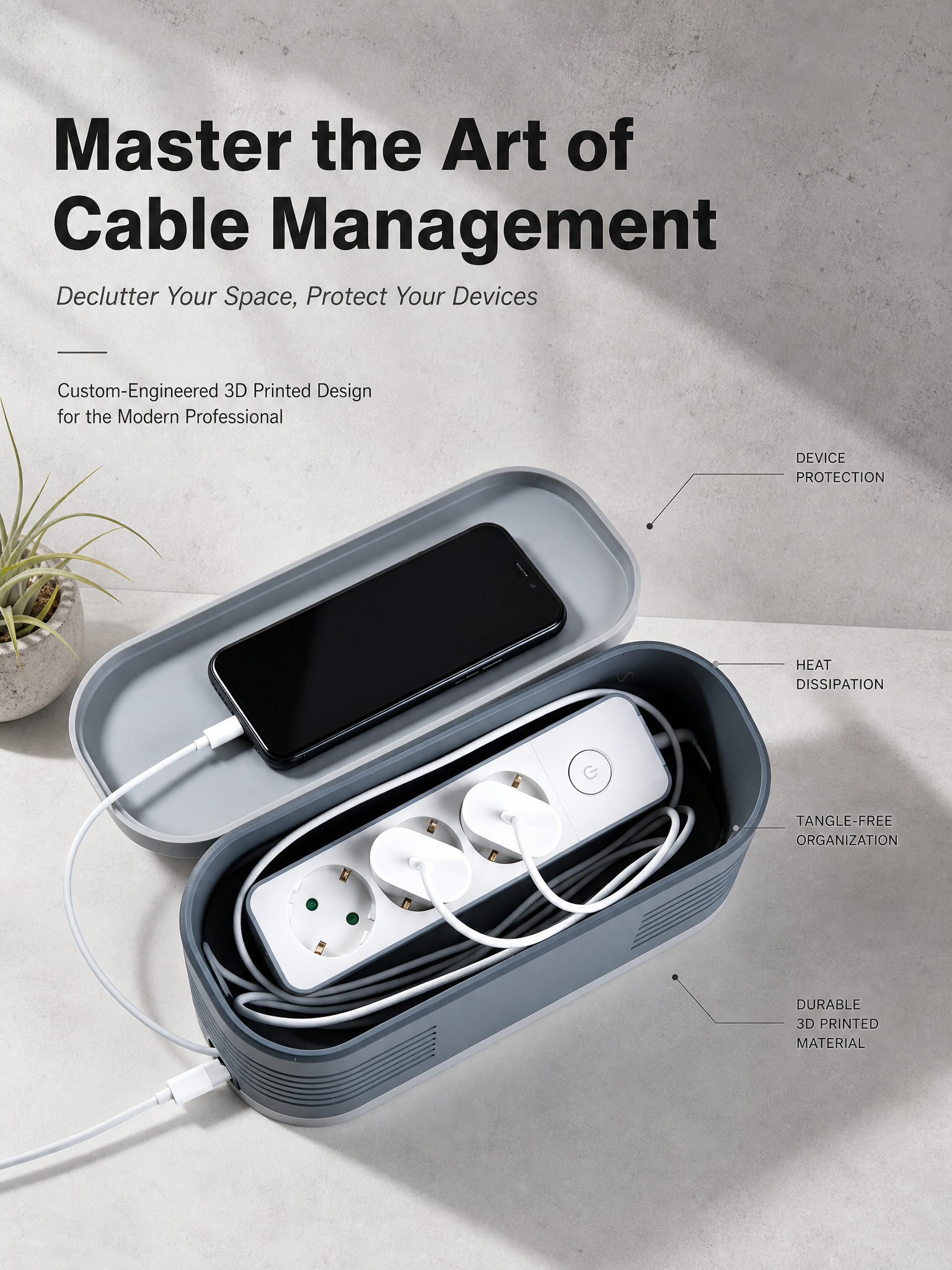 Large Capacity 3d Print Desk Accessories Glossy Data Cable Management Box OEM