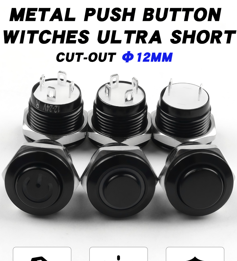 12mm  Ultra Short Oxidized Black Metal Push Button Switch  3-6V 12-24V LED Light Momentary Reset Waterproof