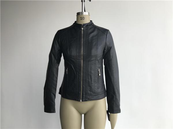 Black Pu Leather Coat / Pleather Biker Jacket With Multi Top Stitching Tw75796