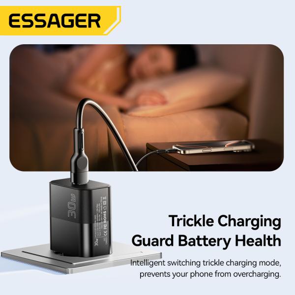 ESSAGER 30W Gan PD Type C Fast Charging Phone Wall Charger Adapter For iPhone Huawei