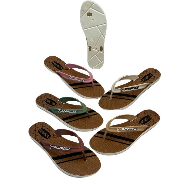 PVC Women Wood Grain Sole Thongs With Brand Logo And Neutral Tone Strap