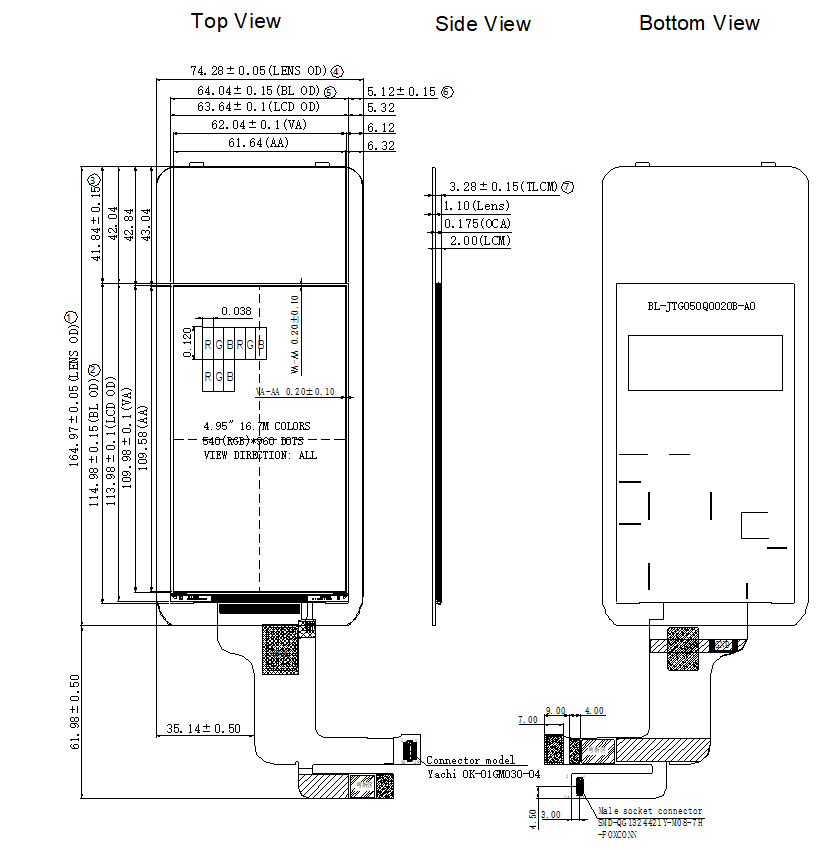 Capacitive Touchscreen IPS TFT LCD Display 4.95 Inch 540x960 Resolution For POS