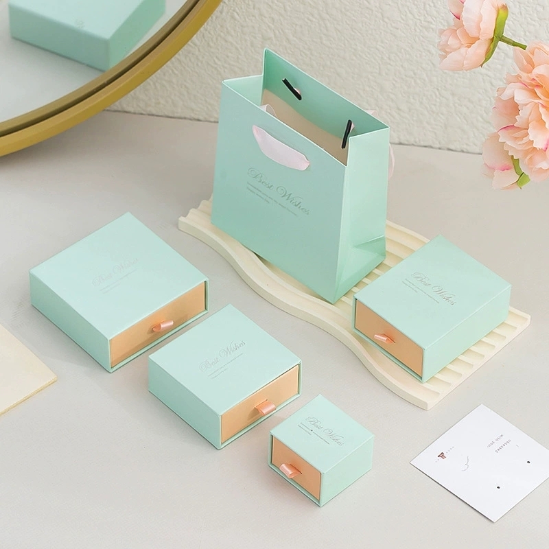 Sliding Drawer Jewelry Packaging Box Set With Ribbon Pull Tab And Gift Bag