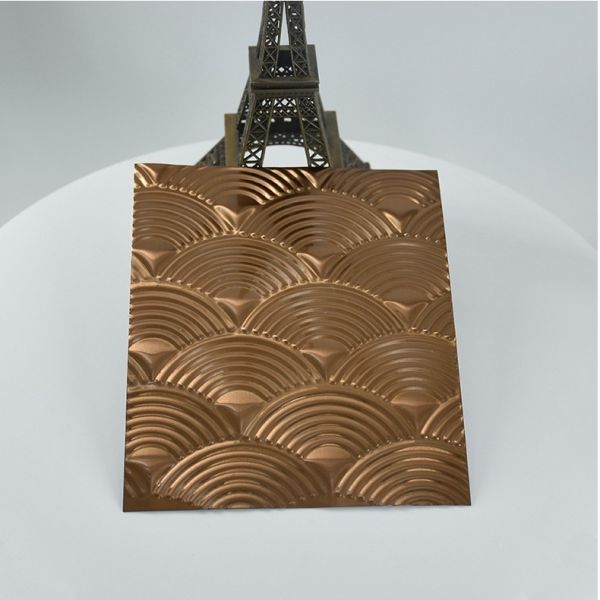Lámina de acero inoxidable grabada con relieve, textura de vetas de madera para paneles de muebles y decoración