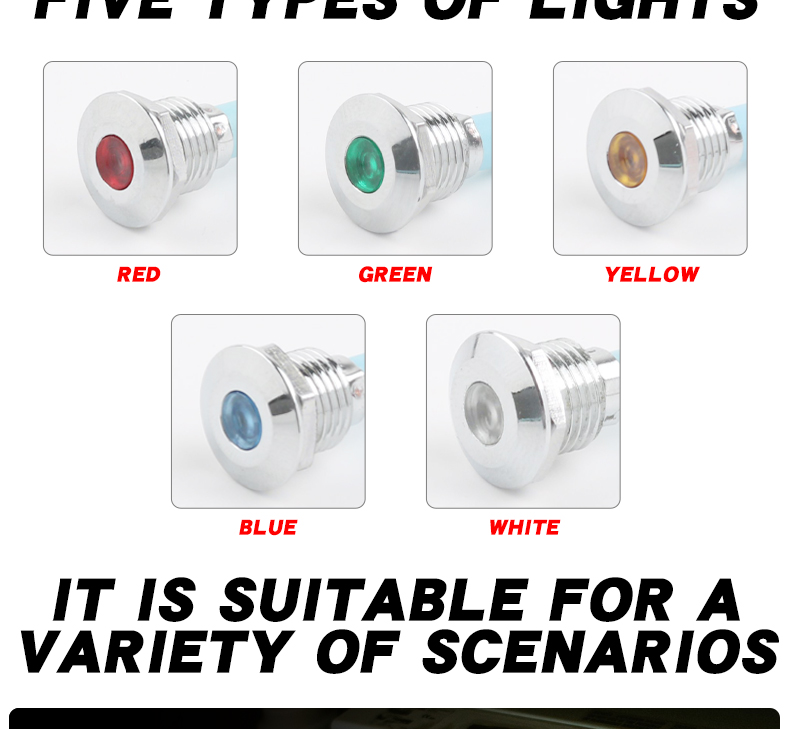 High Brightness 10mm Metal Power Indicator Light LED Display 15cm Wire Multi-Color (Red/Green/Yellow/Blue/White) IP65 Rated
