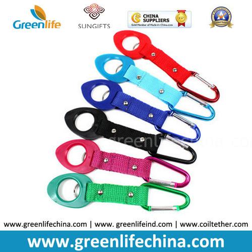 Water bottle rubber loop holder with short strap and aluminum carabiner hook silver pole