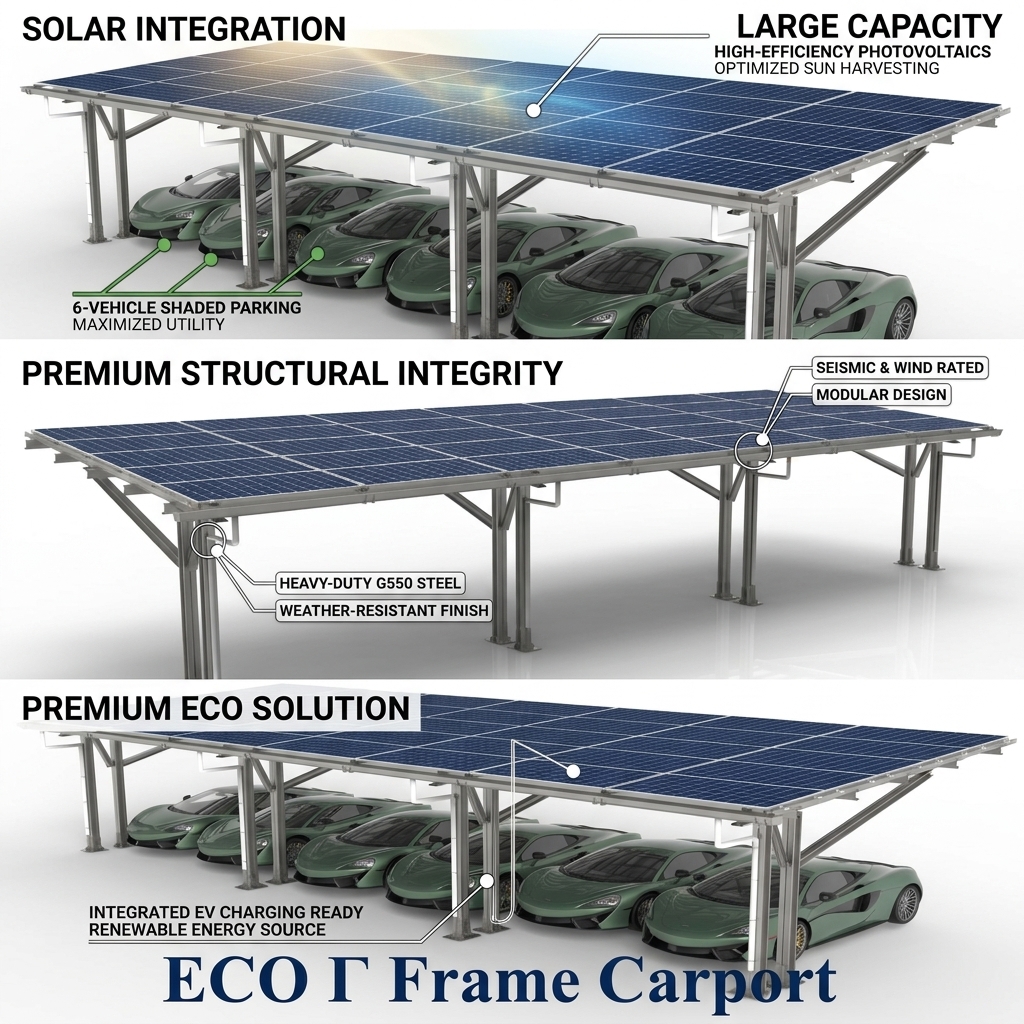 Dual-Row Commercial ECO Gamma Frame Carport Back-to-Back Solar Parking Structure High Density 25% Steel Reduction