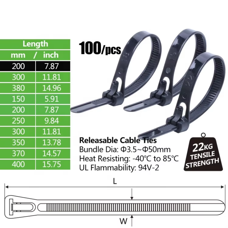 Releasable 200mm-400mm Length Nylon 66 Cable Ties Black Nylon Cable Ties