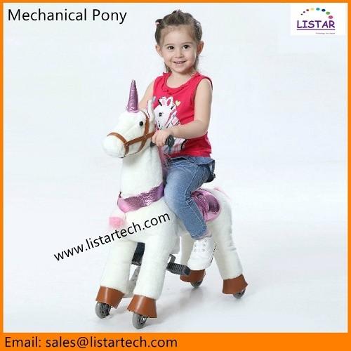 White Ride on Walking Toy Horse Unicorn, Small Mechanical Pony, Kids Amusement Rides