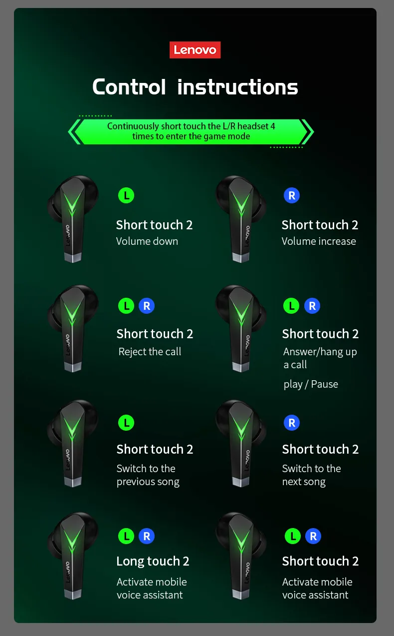 Lenovo LP6 In Ear Gaming Earbuds Gaming Bluetooth Earphones ROHS Certificate