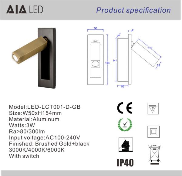 Rotating Recessed mounted bed sides light 3W led bed lighting reading light bed head wall lamp